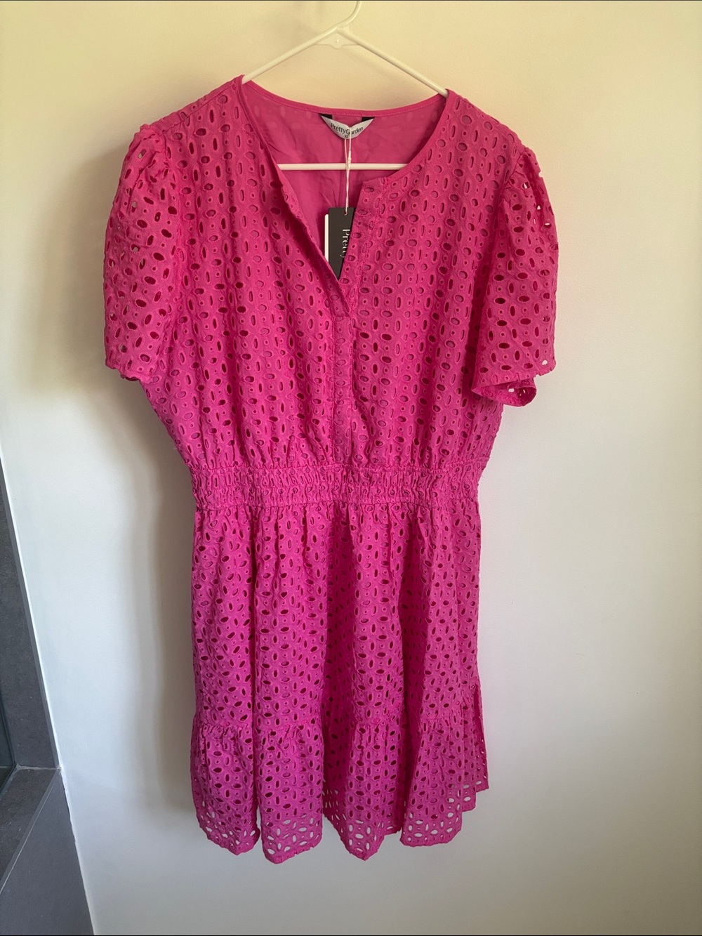 Short Sleeve Fuchsia Eyelet Dress with Elastic Waist